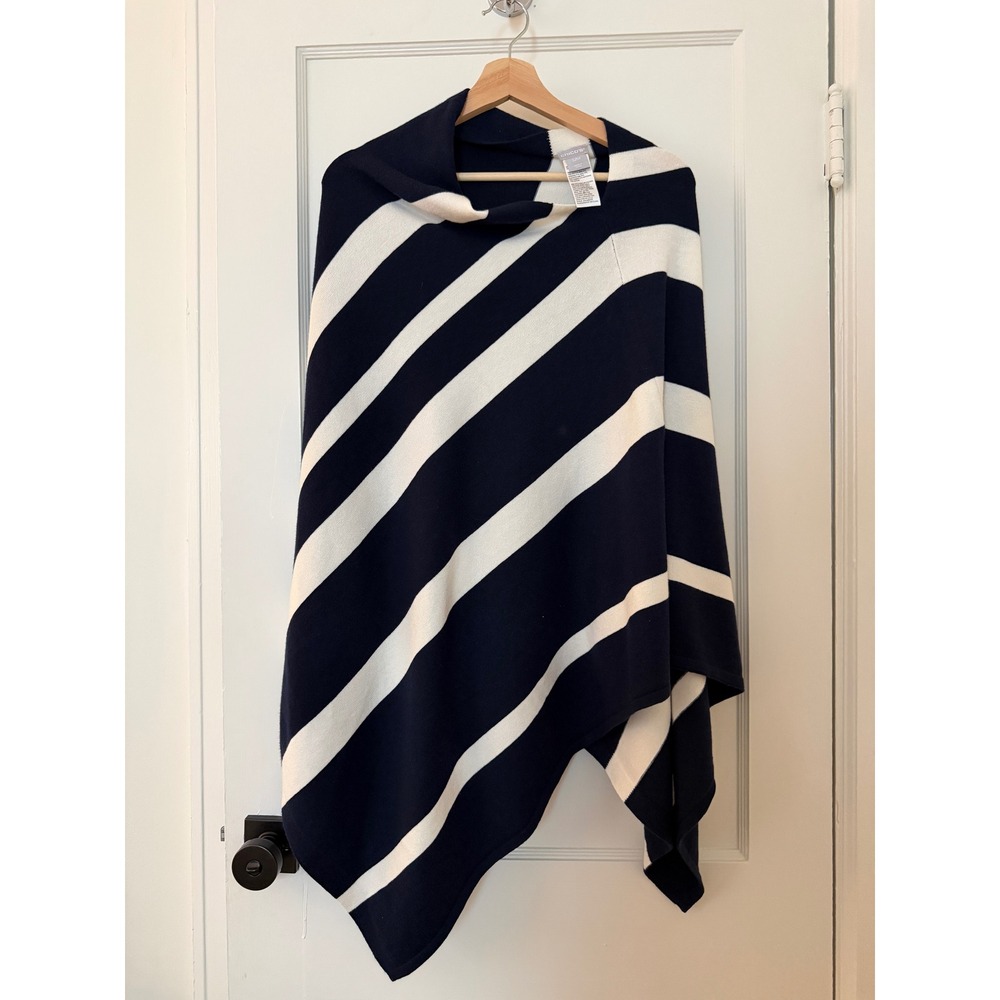 Chicos Navy Blue White Striped Knit Poncho Wrap Nursing Blanket Travel Nautical
